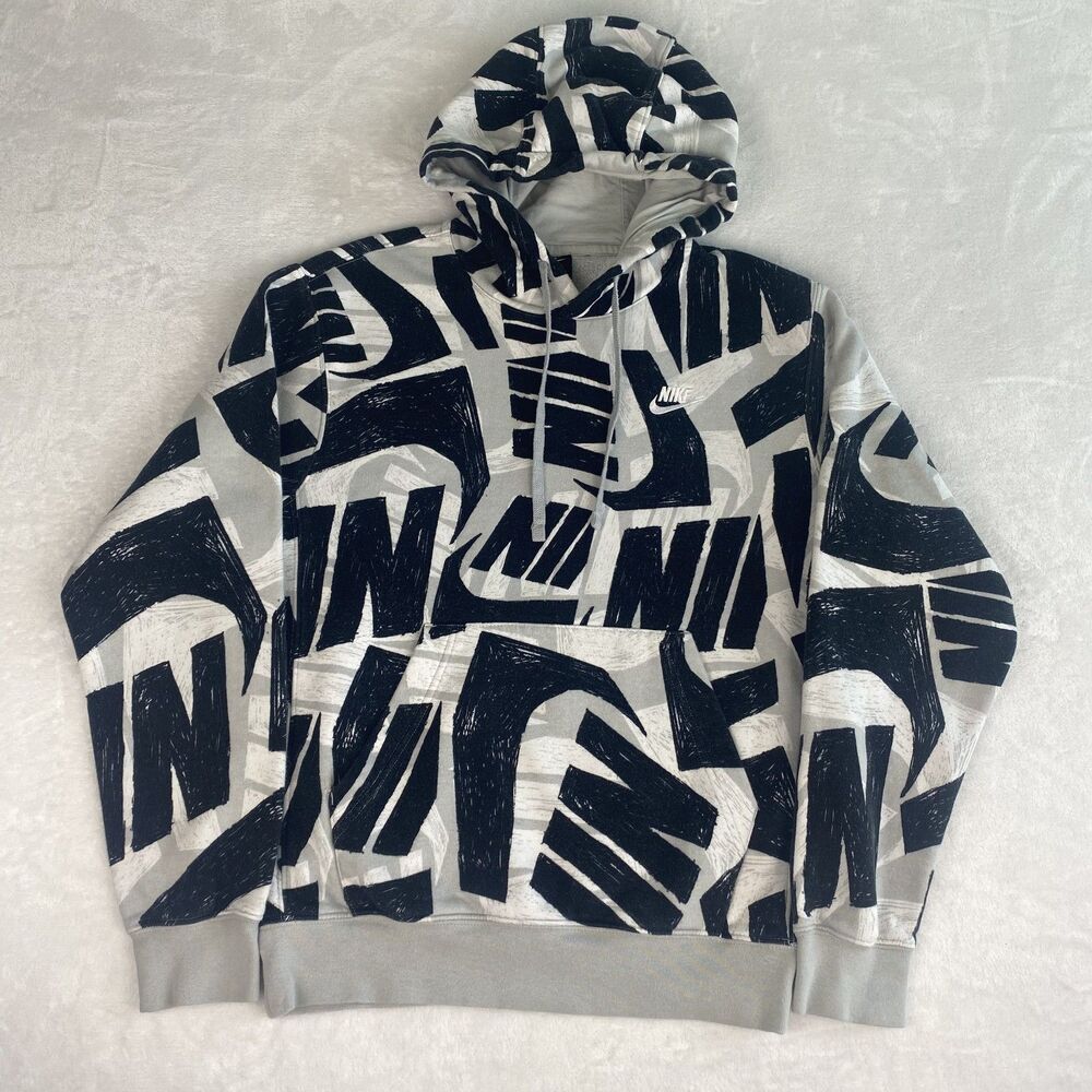 Nike Graphic Sweater Adult XS Black Gray All Over Print Hoodie Sweatshirt Casual